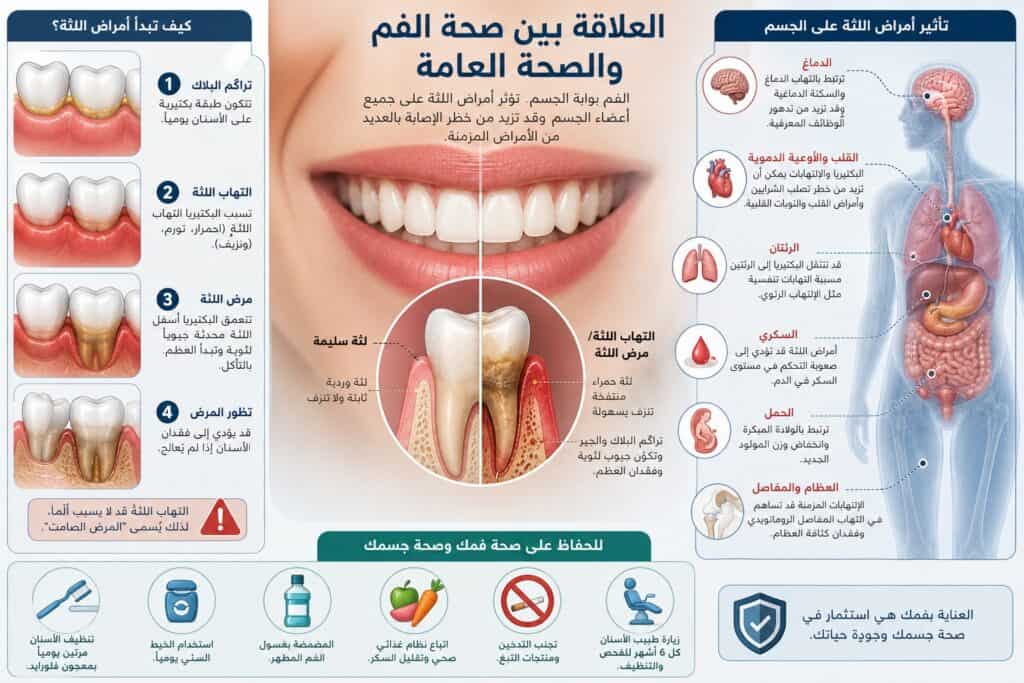 إنفوجرافيك يوضح العلاقة بين صحة الفم والصحة العامة وتأثير أمراض اللثة على القلب والسكري والحمل وأعضاء الجسم المختلفة