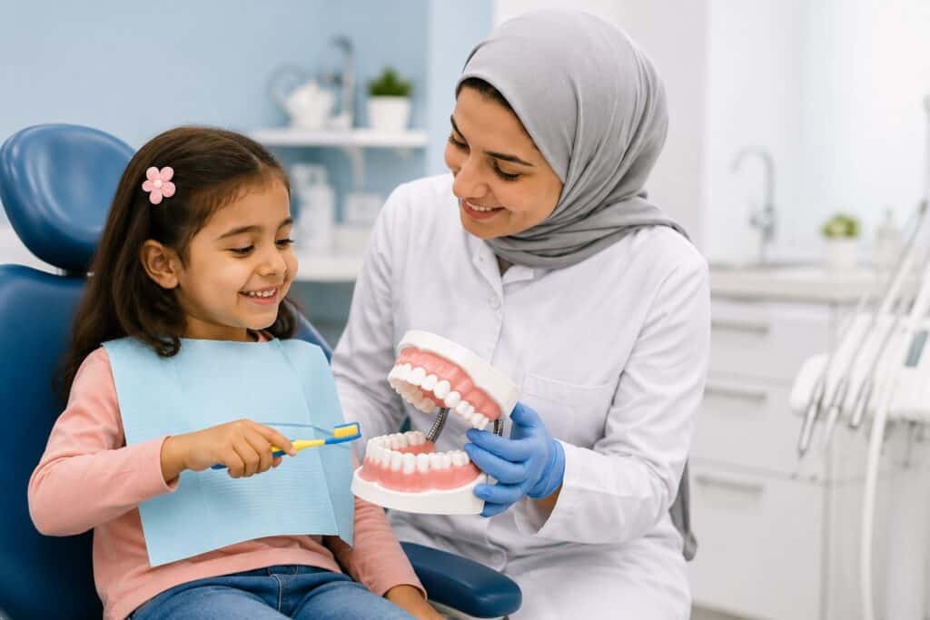 طبيبة أسنان تشرح لطفلة طريقة تنظيف الأسنان الصحيحة باستخدام نموذج تعليمي للأسنان داخل عيادة أسنان للأطفال في جدة