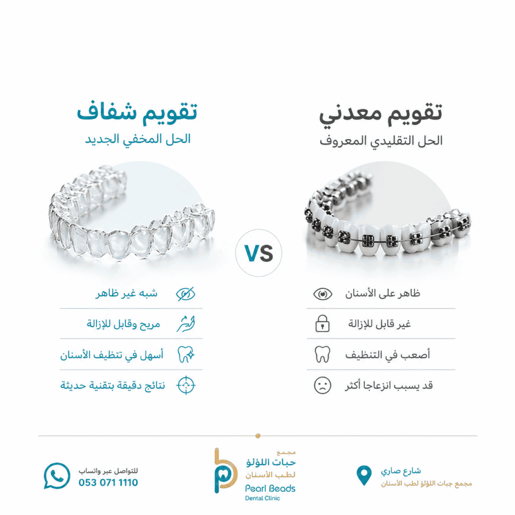 مقارنة بين التقويم الشفاف والتقويم المعدني داخل تصميم إعلاني مع رقم واتساب وعنوان مجمع حبات اللؤلؤ لطب الأسنان