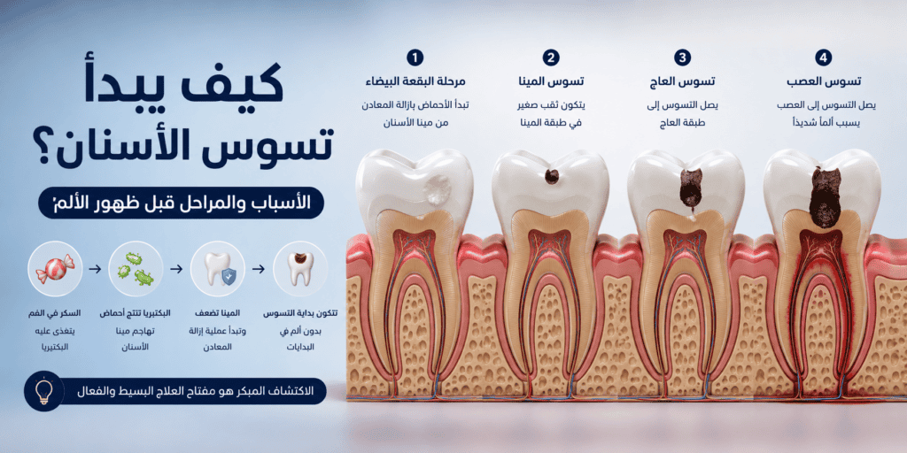 مراحل تسوس الأسنان من المينا إلى العصب بسبب البكتيريا والأحماض