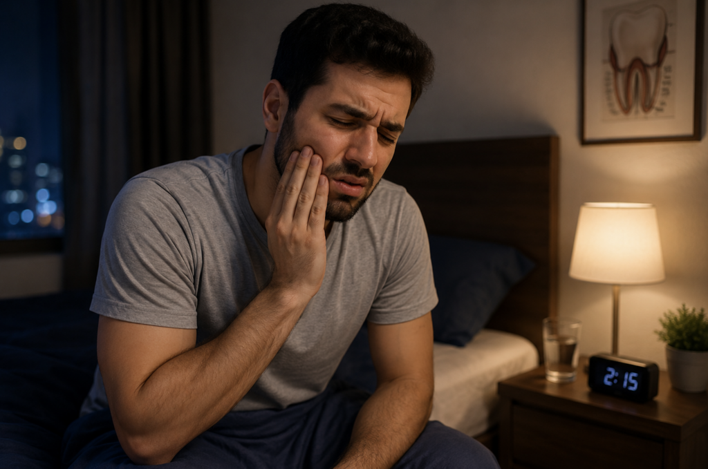 رجل يجلس في غرفة نوم ليلًا ويمسك خده بسبب ألم شديد في الأسنان